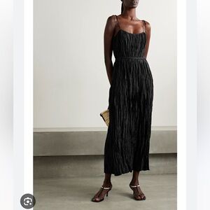 NWT Ulla Johnson Black Orla Crinkled Satin Plisse Midi Dress Black Size 2